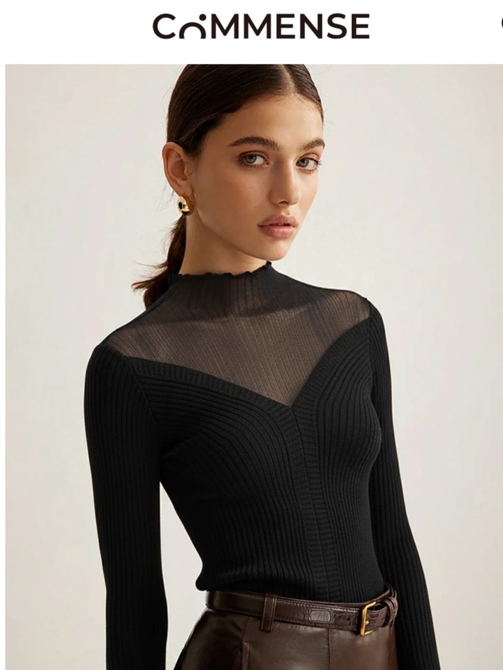 Commense Black Sheer-Yoke Ribbed Long Sleeve Top